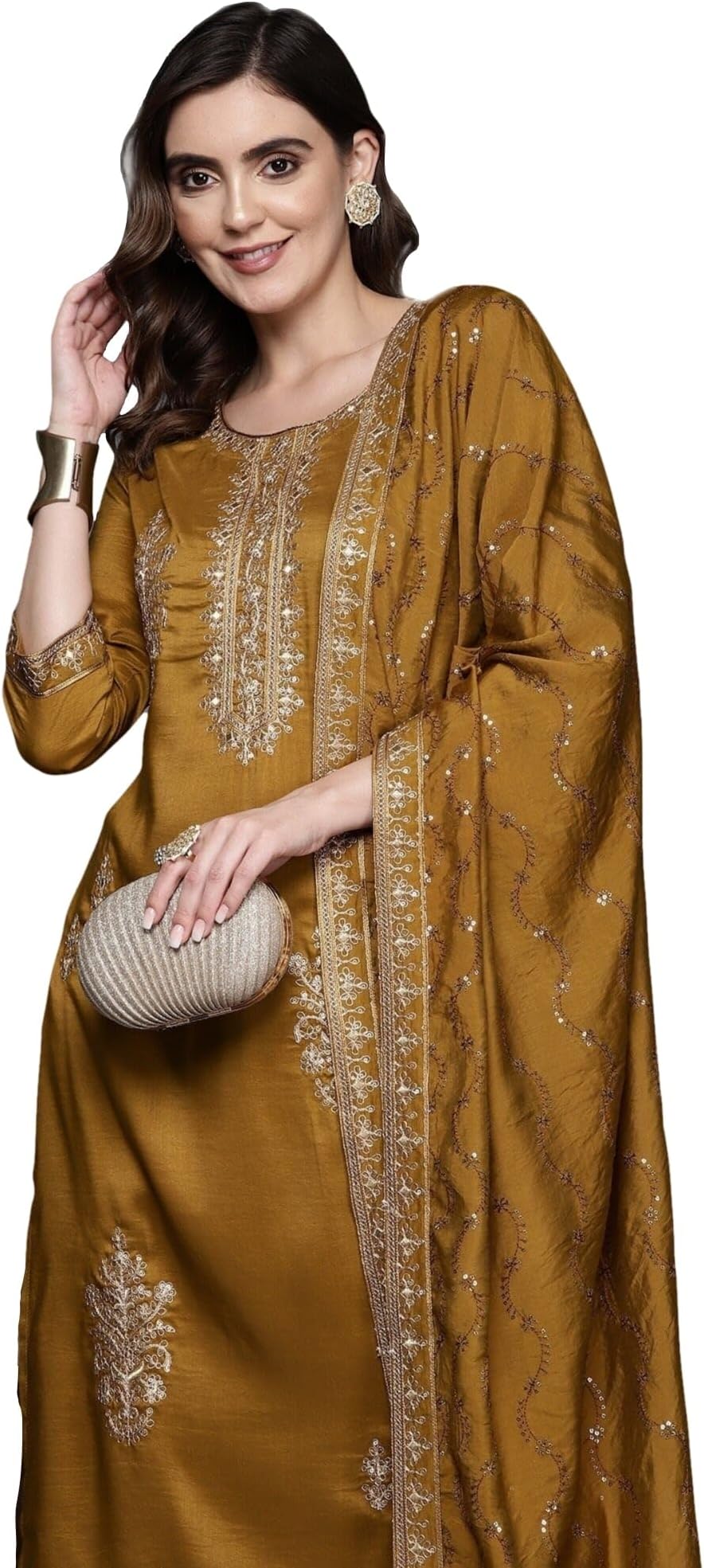 Women's Cotton Blend Embroidered Straight Kurta & Pant with Dupatta Set
