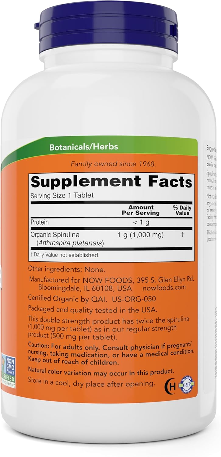 NOW Foods Organic Spirulina 1000mg Tablets - 300 Count (Pack of 2) - Non-GMO, Super Green Whole Food Supplement