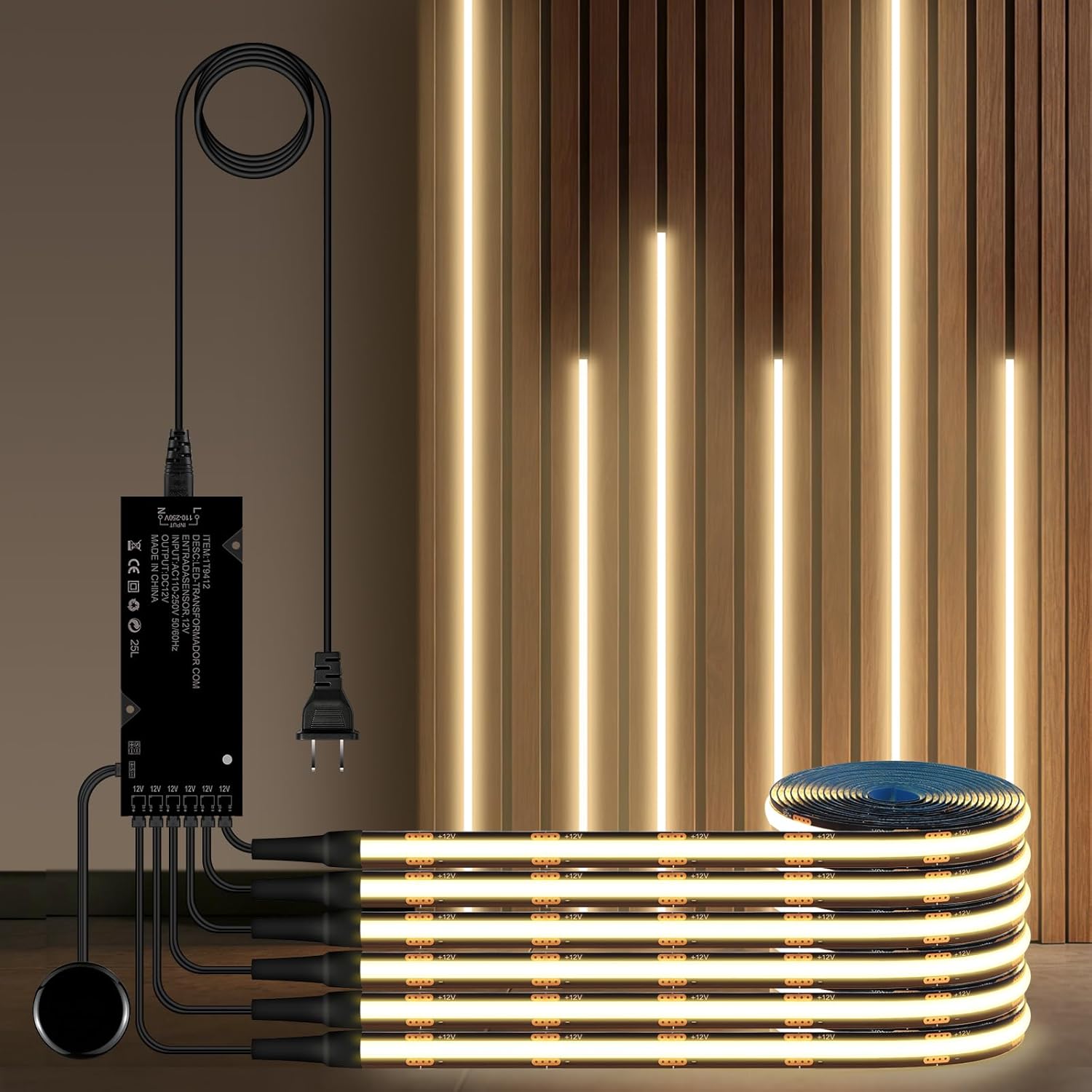 Touch Dimmable LED Under Cabinet Lighting,6PCS 12V Black COB Strip Lights,3.3Ft Self-Adhesive LED Recessed Lighting Kit 4000k with 36W Adapter for Wood Slat Wall Panels, Headboards, Cabinet,Shelves