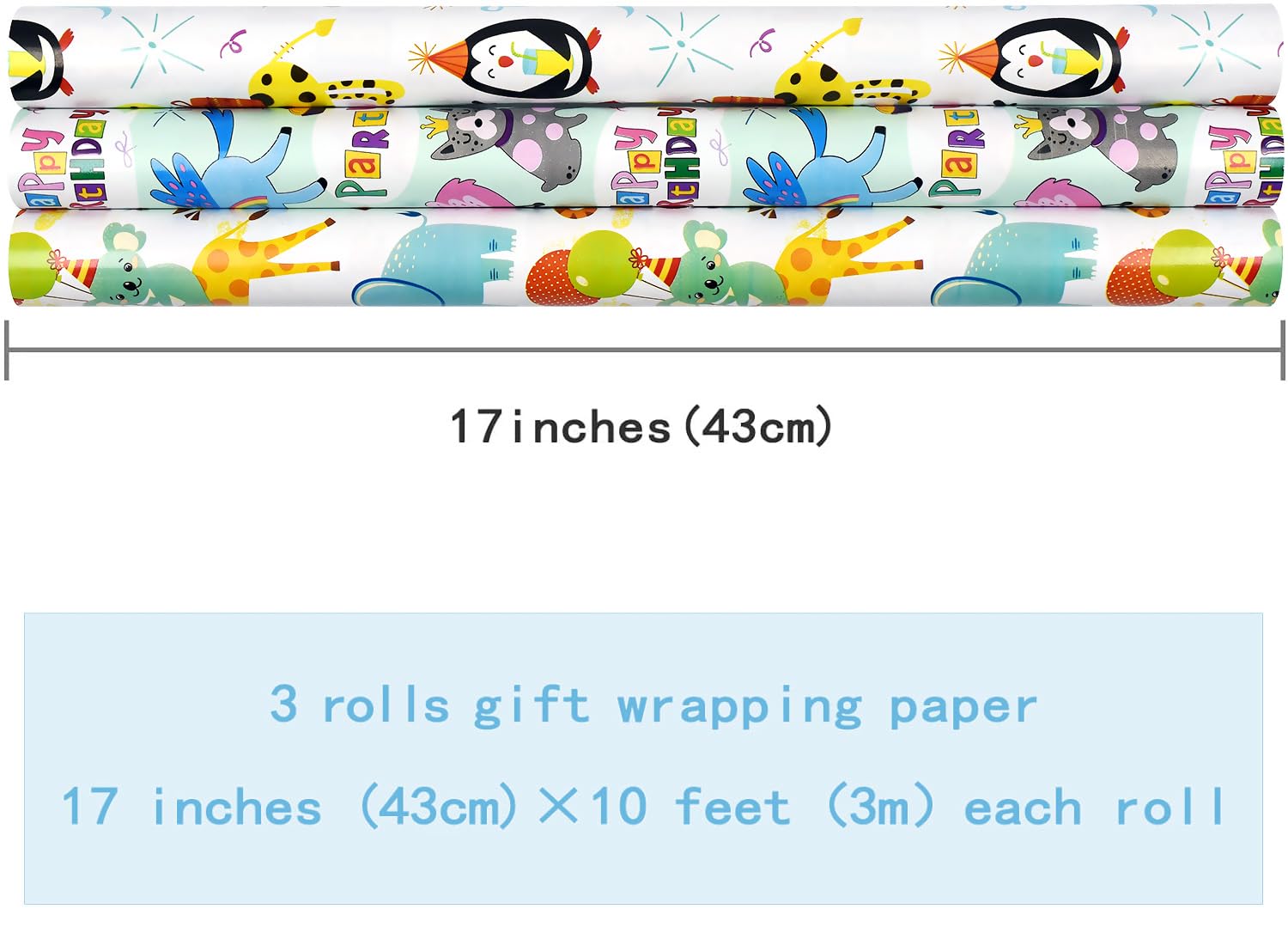 3 rollos de papel de regalo de animales de 17 pulgadas x 10 pies, papel de regalo de feliz cumpleaños reutilizable para niños, niñas y niños.