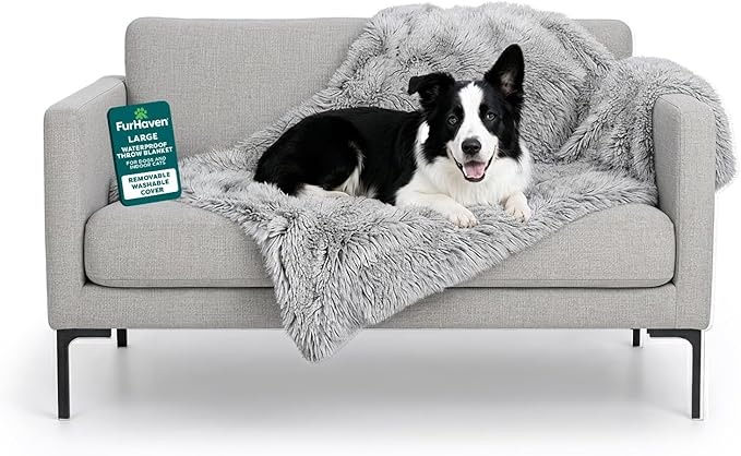 Furhaven Waterproof Throw Blanket for Dogs & Indoor Cats, Washable - Shaggy Plush Calming Long Faux Fur & Velvet Dog Blanket - Mist Gray, Large