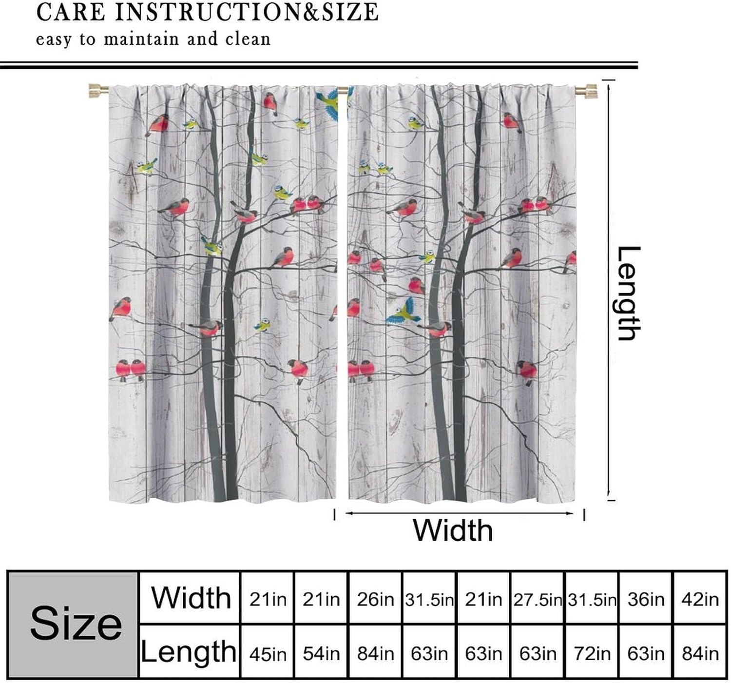Bird Curtains Vintage Farmhouse Tree Forest Red Birds Art Printed Blackout Window Drapes for Bedroom Living Room Kitchen Decor Fabric Set 2 Panel 42x45 Inch 80% Shading Rate