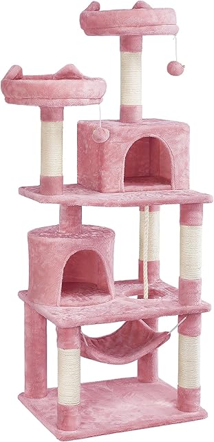 Yaheetech 158cm Cat Tree Tower Tall Cat Scratching Posts Large Kitten Activity Centre with Condos and Hammock for Indoor Cats, Pink