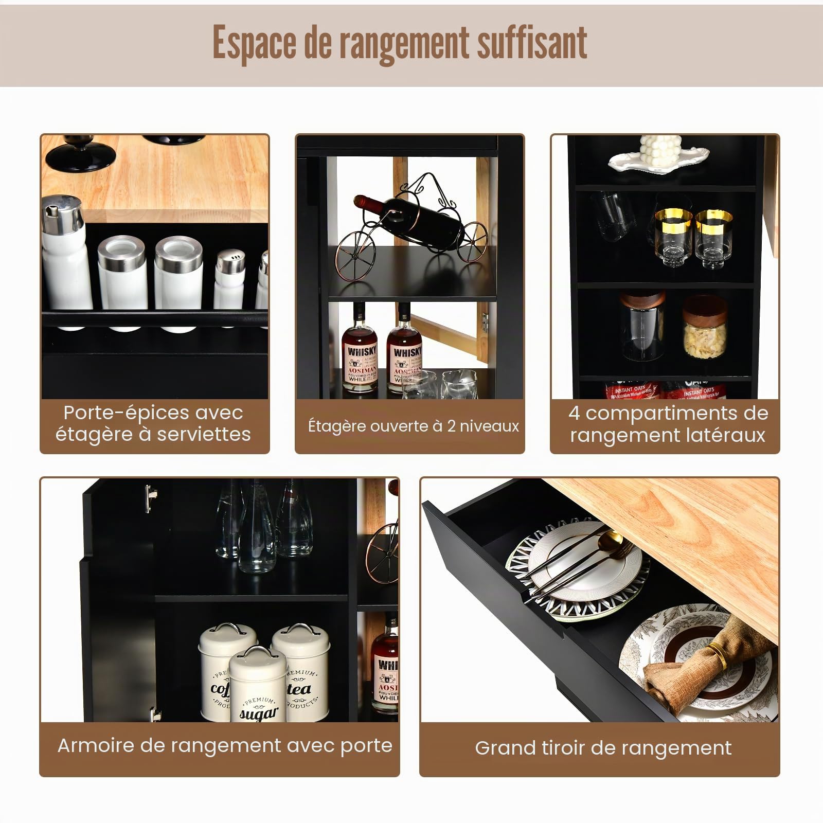 KOMFOTTEU Îlot Central Mobile avec Plan de Travail en Bois Massif, Desserte de Cuisine avec Tiroirs, Armoire à Porte & Étagères latérales, Desserte de Service, 124 x 76 x 92 cm (Noir)