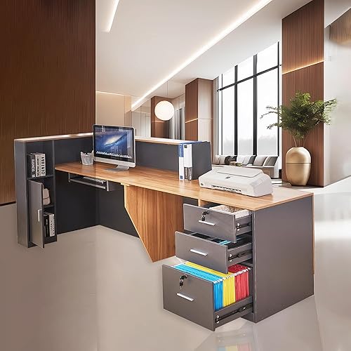 Vista 6 de Escritorio de recepción en forma de L con cajones con cerradura y armario de llenado ajustable, moderno mostrador de recepción con bandeja
