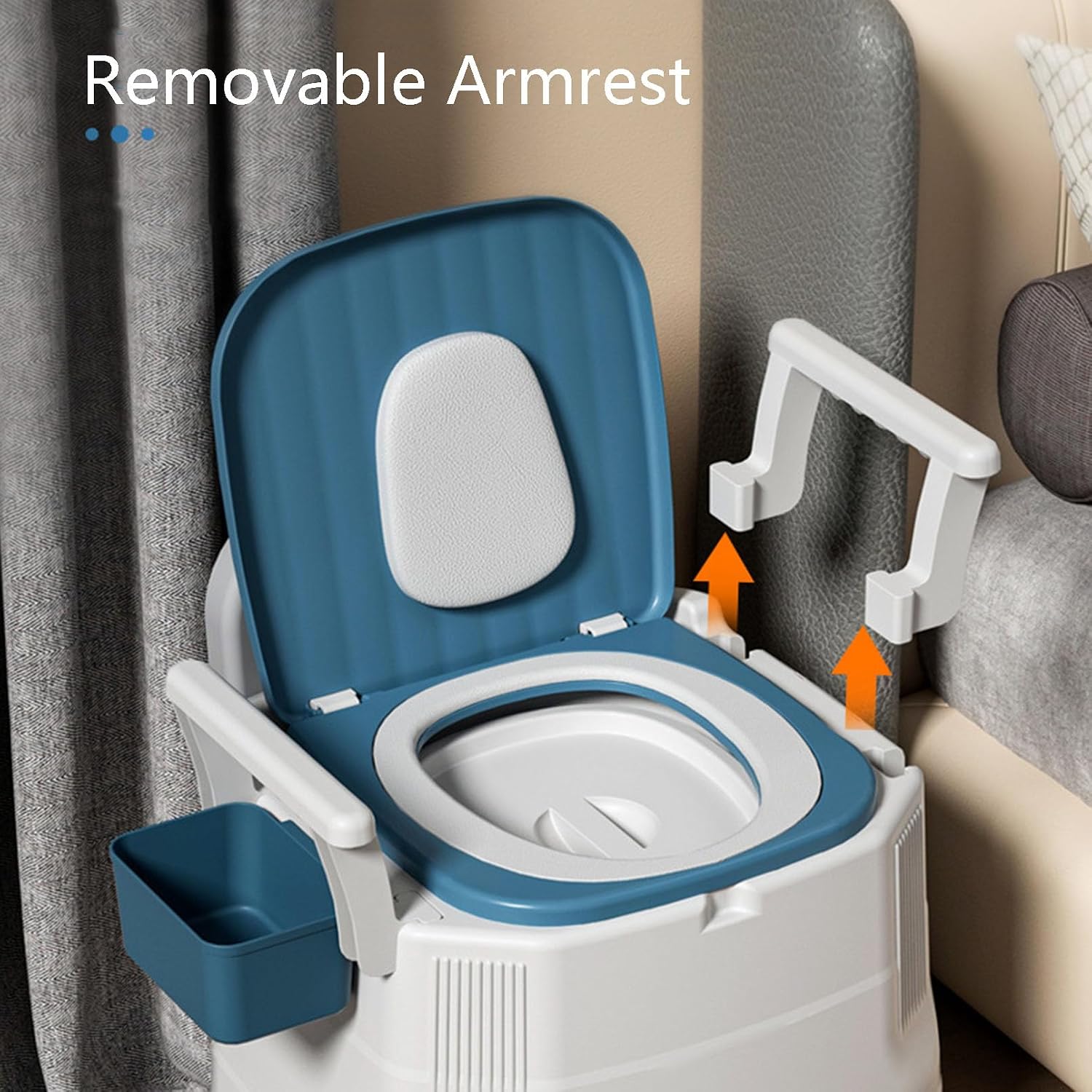 Drop Arm Commode with Padded Seat and Backrest, Durable Toilet Chair for Adults and Seniors, Removable Pail, Removable Armrest, Raised Toilet Seat with Handles and Back, Blue