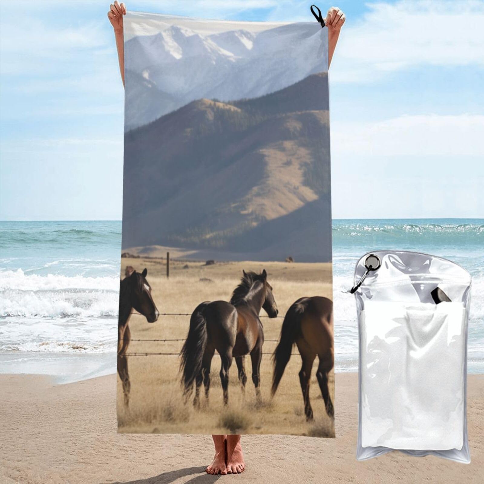 BWWHCCTI Mountain Farm Horses Printed Microfiber Quick Dry Beach Towel 70x140 CM, Fast Drying Bath Towels with Bags for Travel,Camping,Gym,Beach,Swimming,Yoga