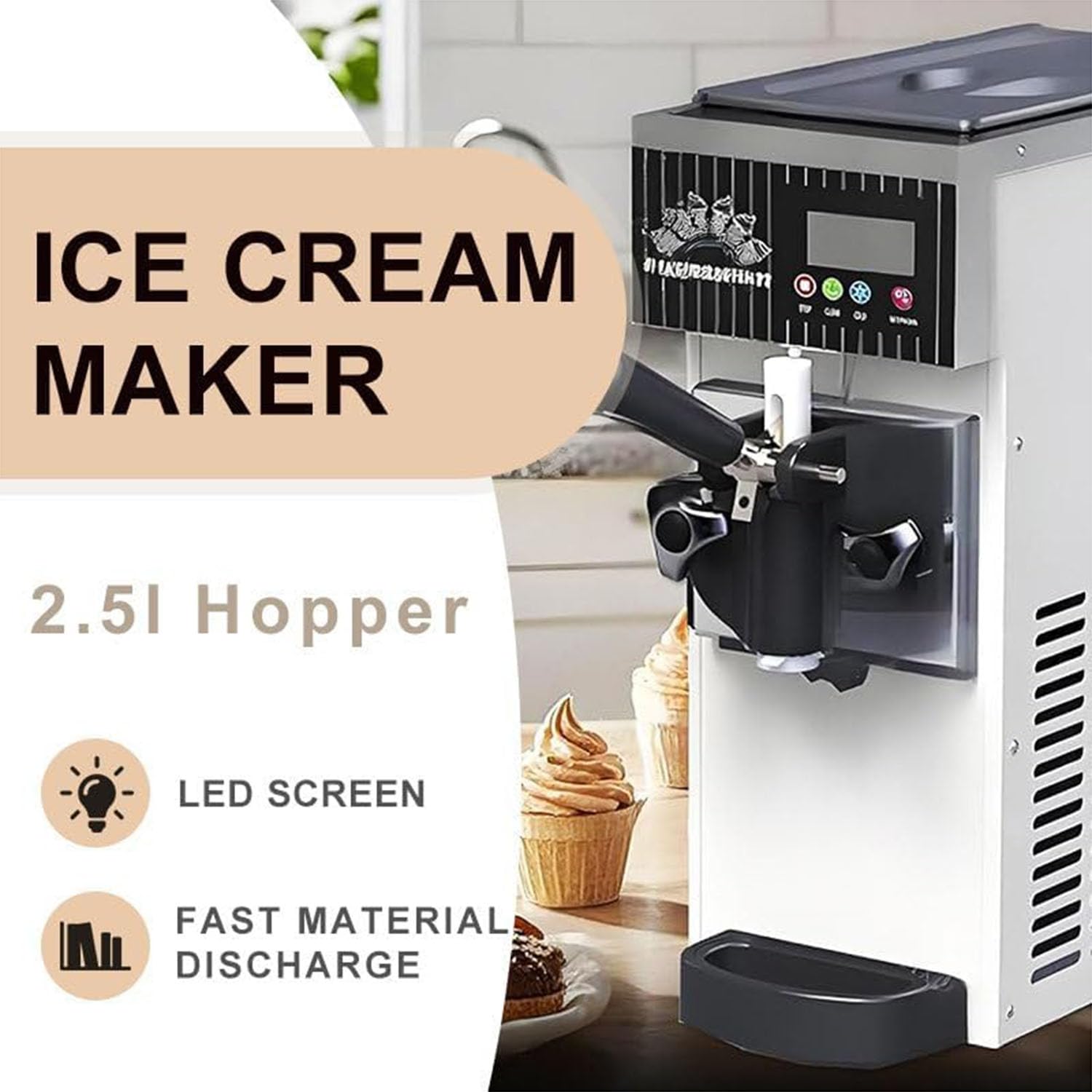 750W/450W Máquina de Helados Soft Heladera Máquina De Helados Comercial con Autolimpieza Panel LCD para Restaurantes Bares Y Cafeterías,Gris
