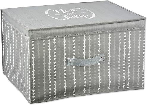 The Magic Toy Shop Large Foldable Storage Box with Lid - Grey Fabric with Heart Pattern - Collapsible & Decorative Organiser for Clothes, Bedding, Toys, and More - Home & Office Storage 50x30x40cm