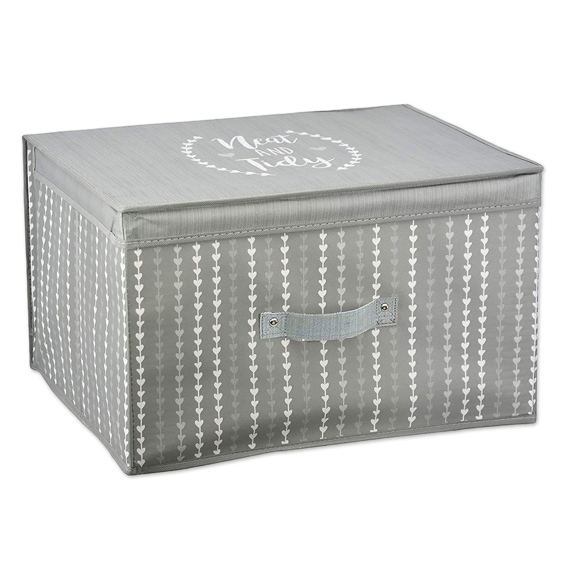 The Magic Toy Shop Large Foldable Storage Box with Lid - Grey Fabric with Heart Pattern - Collapsible & Decorative Organiser for Clothes, Bedding, Toys, and More - Home & Office Storage 50x30x40cm