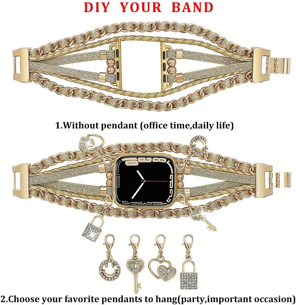 Boho Leather Band Compatible with Apple Watch 46 49 45 44 42 41 40 38mm Women,Stylish Bracelet with Detachable Pendants Unique Charms Strap for iWatch Series 11 10 9 8 7 6 5 4 SE/Ultra 3 2 1 - Image 7