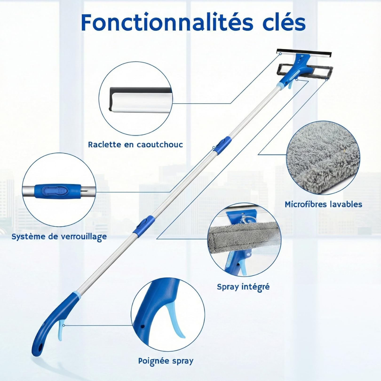 Raclette Vitre Professionnelle – Lave Vitre 4 en 1 avec Manche Télescopique 25 à 225 cm et Pulvérisateur pour Nettoyant Vitre – Nettoyeur Vitre pour Un Nettoyage Impeccable - Kit Polyvalent