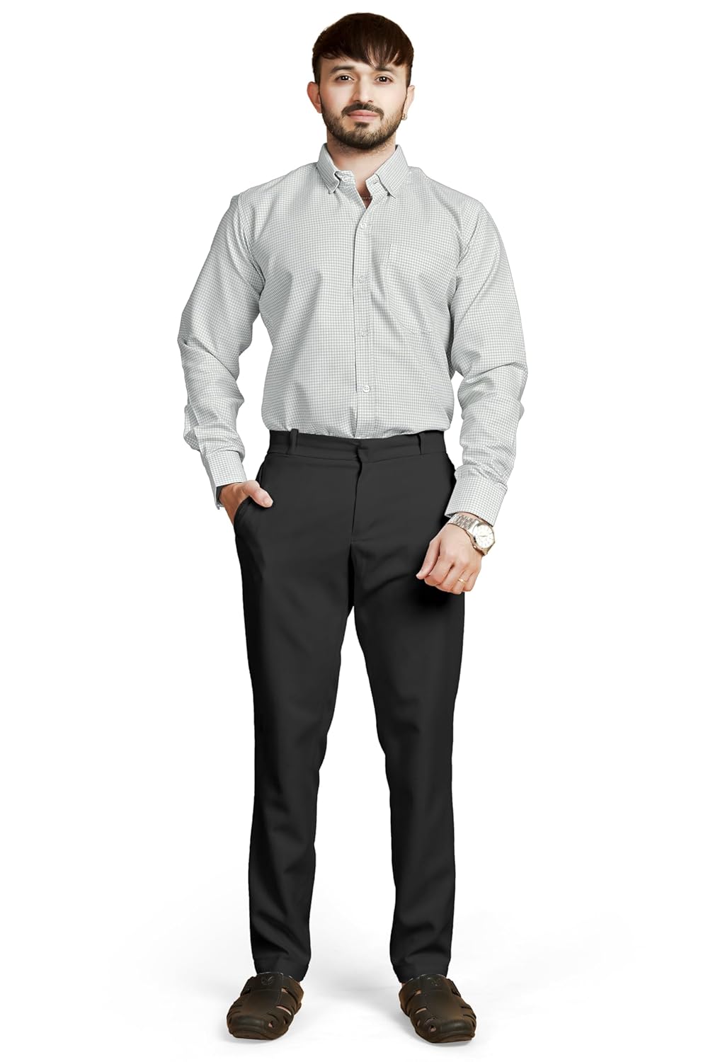 Men’s Premium Light Grey Micro-Check Full-Sleeve Formal Shirt with Classic Black Tailored Trousers – Elegant Office, Corporate & Semi-Formal Wear Ensemble