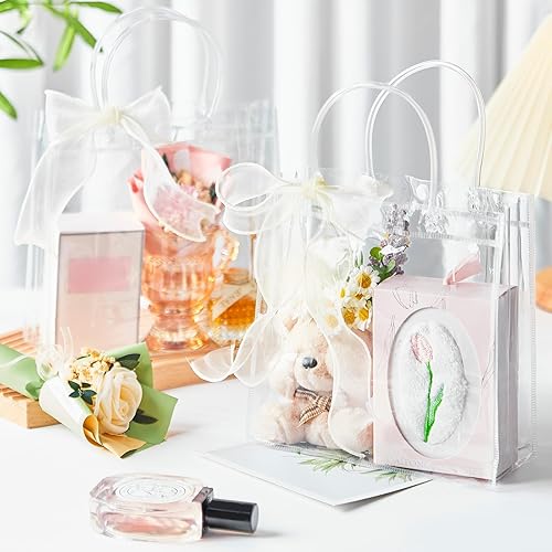 Miniatura 5 de CLUEWR Paquete de 16 bolsas de regalo transparentes con asa, bolsas reutilizables de plástico PVC para regalo con cinta, bolsas de regalos de
