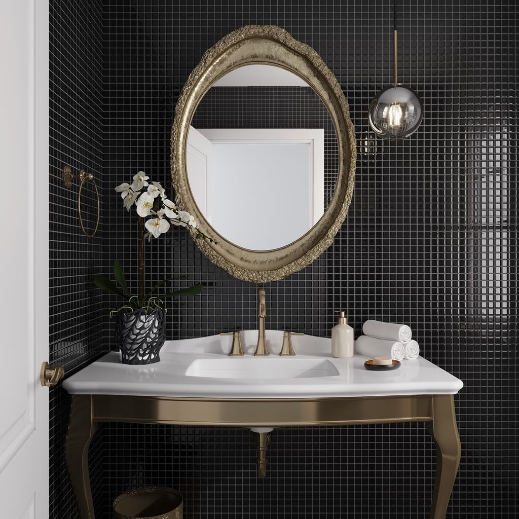 Polished Black Glass Mosaic Tile – 10 Sheets Cover 9.67 Sq Ft – Mesh-Mounted 11.8" x 11.8" Sheets 1" x 1" – Not Peel & Stick – Glossy Water-Resistant for Shower, Kitchen, Pool, Spa Wall/Floor
