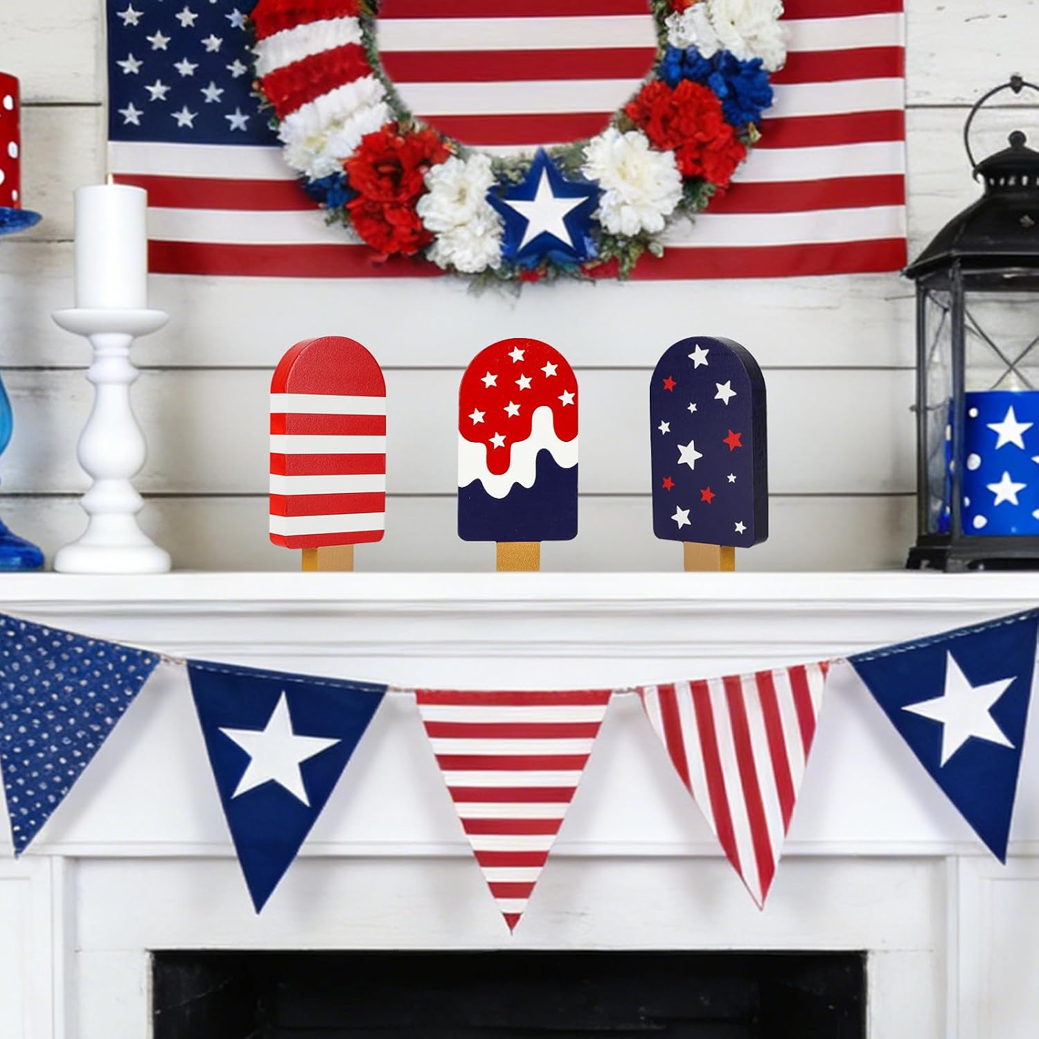 4th of July Decorations 3Pcs Wooden Patriotic Signs Memorial Day Decorations Red White and Blue Decorations Labor Day Decor 250 Anniversary Decorations for Independence Day Home Office Tiered Tray Table Shelf