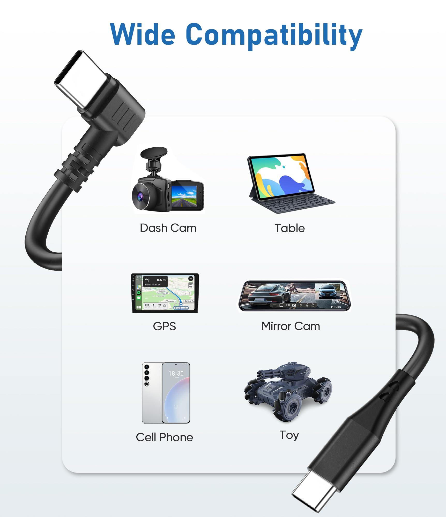 Dashcam-Netzkabel, USB-C auf USB-C-Dashcam-Ladekabel, dickeres geschirmtes Spiegelkamera-Ladekabel, 90 Grad Typ C, Ersatznetzkabel, Auto-Dashcam-Netzadapter, 3 m