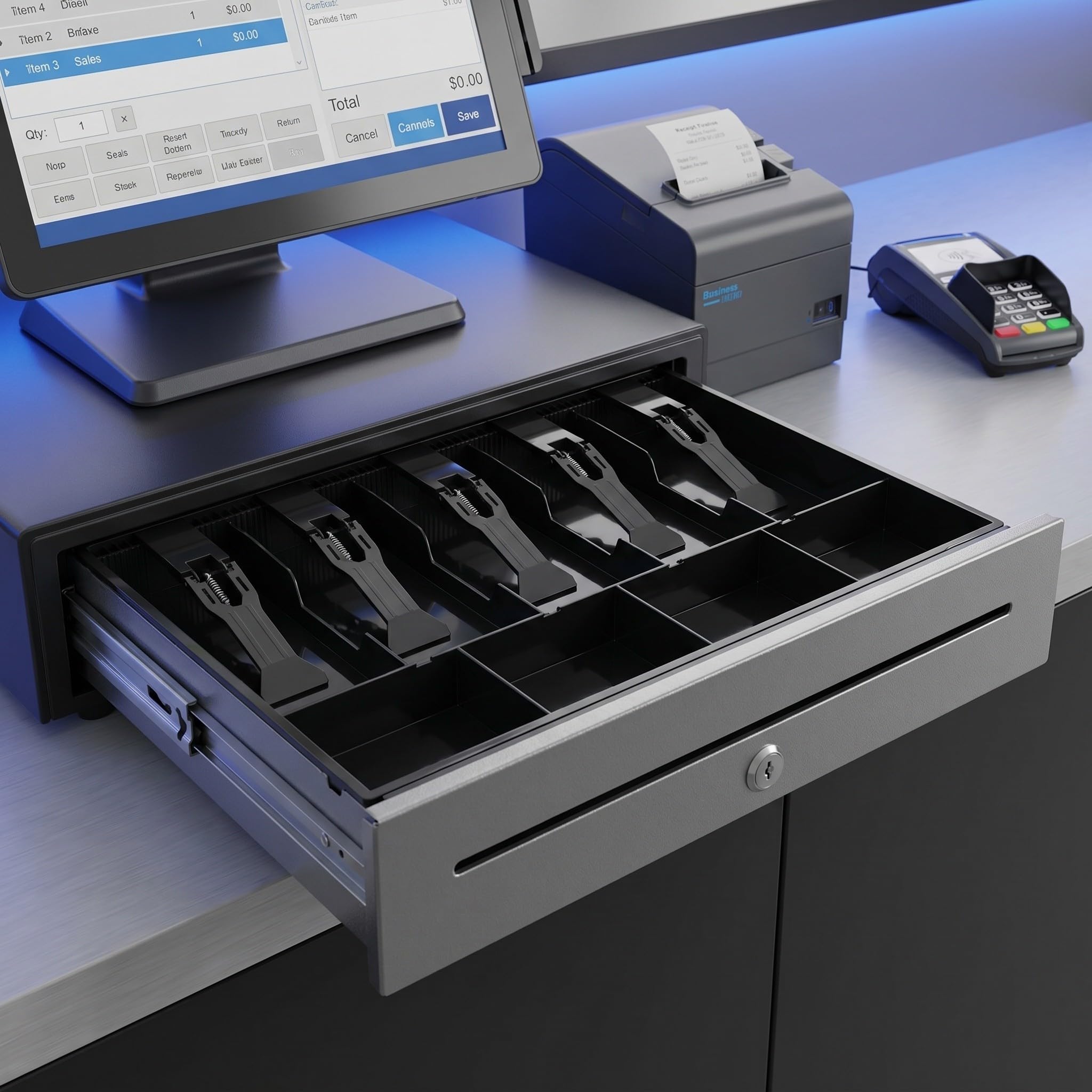 Mikikit 2 Pezzi Vassoio per Cassa in Abs Nero con 5 Scomparti per Banconote e 4 per Monete, Organizzatore Efficiente per Banconi di Cassa e Supermercati