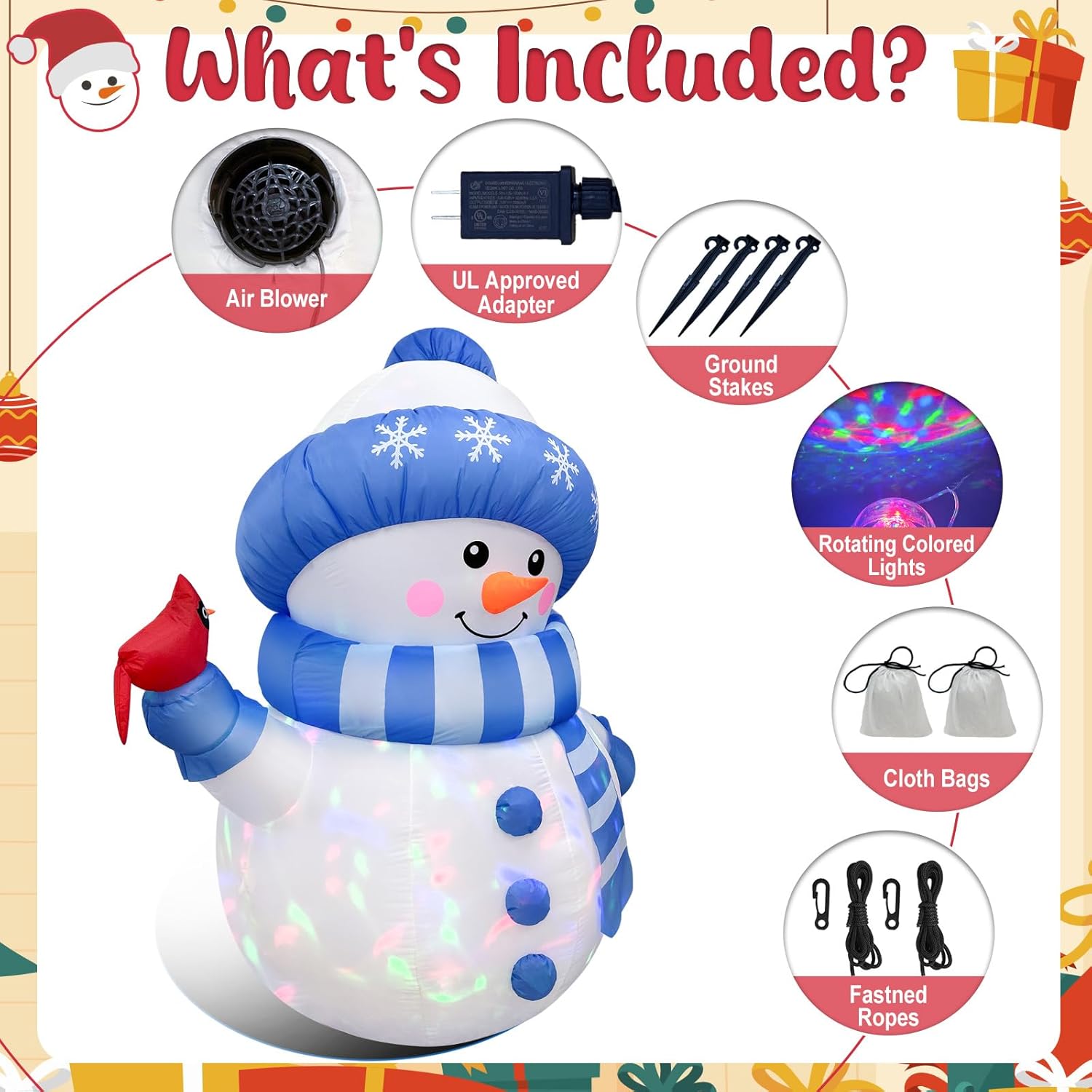 OurWarm 5FT Christmas Inflatable Outdoor Decoration, Inflatable Snowman Outdoor Christmas Blow up Yard Decorations with Colorful Lights and Cardinal, Outdoor Christmas Inflatables for Lawn Xmas Decor