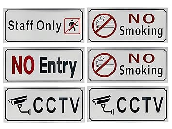 Store2508 Pack of 6 Brushed Aluminium Metal Self Adhesive Sign Sticker, Staff Only, No Smoking, No Entry, CCTV Warning Sign, for Wall, Doors, Offices, Malls