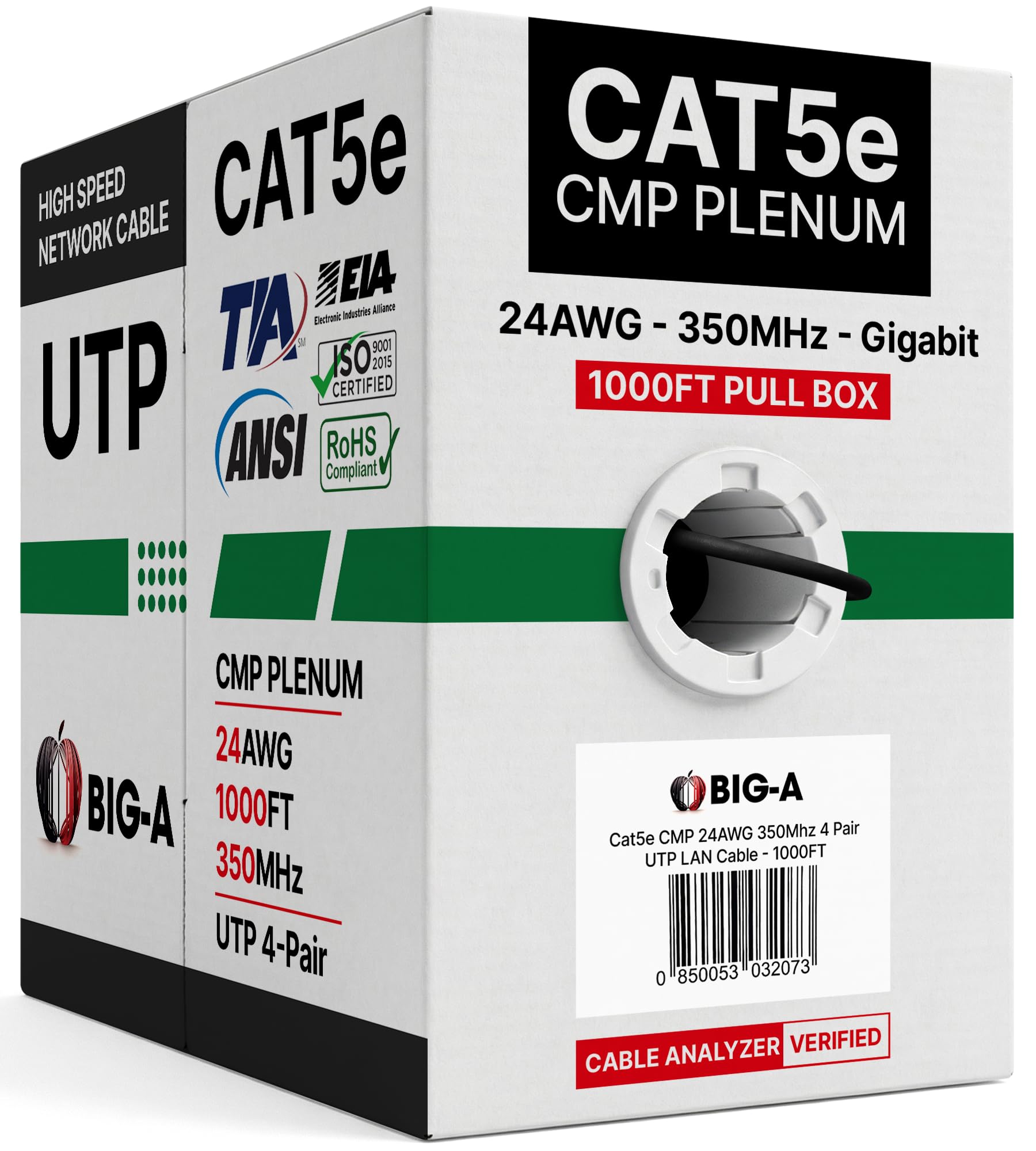BIG-A - Cable Cat5e a granel de 24 AWG sólido de 4 pares de cables Ethernet Cat5e de 1000 pies, par trenzado sin blindaje (UTP), cable de Internet de 350 MHz, caja de extracción - Negro
