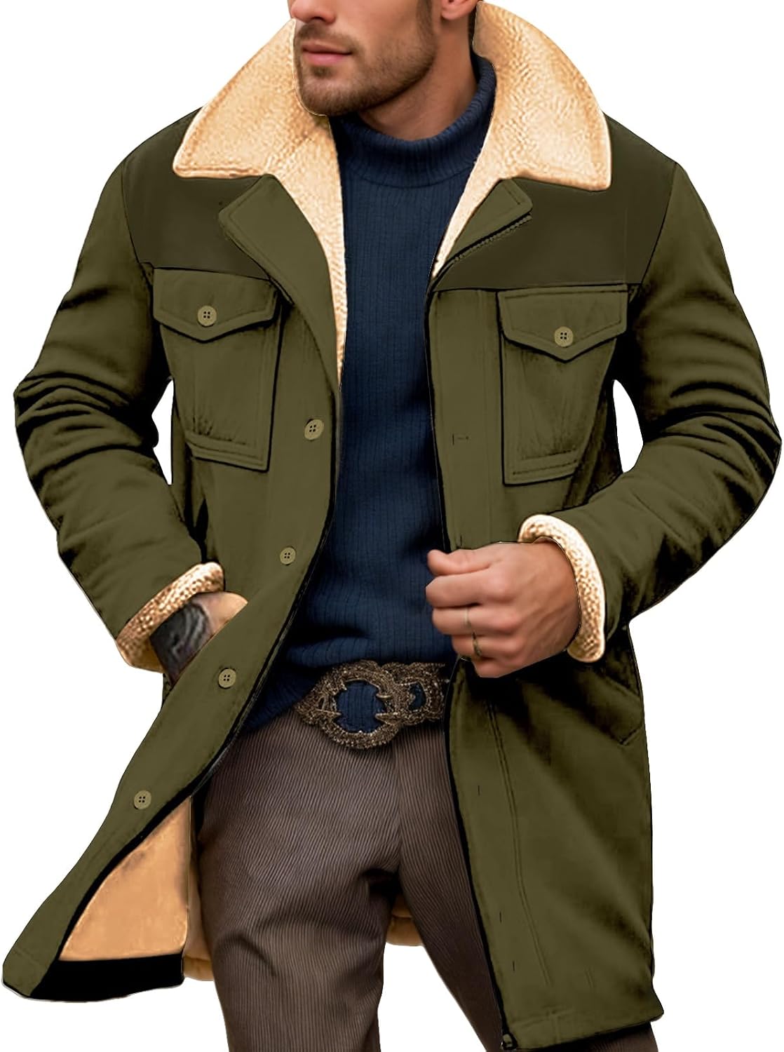 Western Cowboy Jackets for Men Vintage Suede Leather Overcoat Fall Winter Plush Collar Coats Outdoor Long Trench Coat