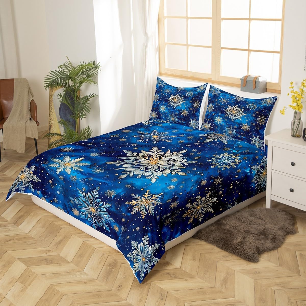 Snowflake Duvet Cover Set Toddler Size,Geometric Snowflake Bedding Set for Kids Boys Girls Room Decor,Cold Winter Comforter Cover,Blue Gold Quilt Cover with 1 Pillowcase(No Comforter)