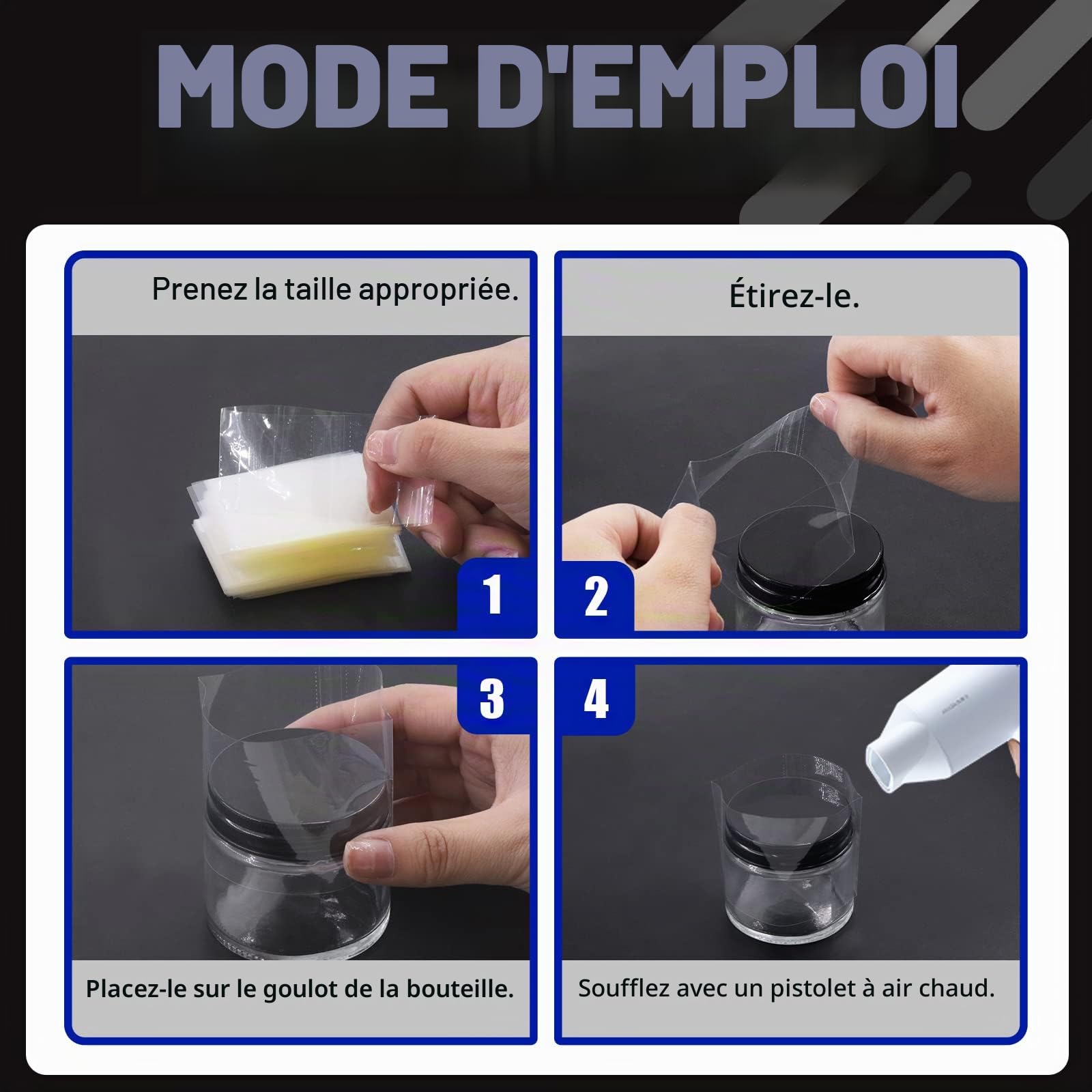 Glarks Lot de 1250 bandes transparentes thermorétractables en PVC - 5 tailles - Pour bouteilles de compte-gouttes, cans, etc