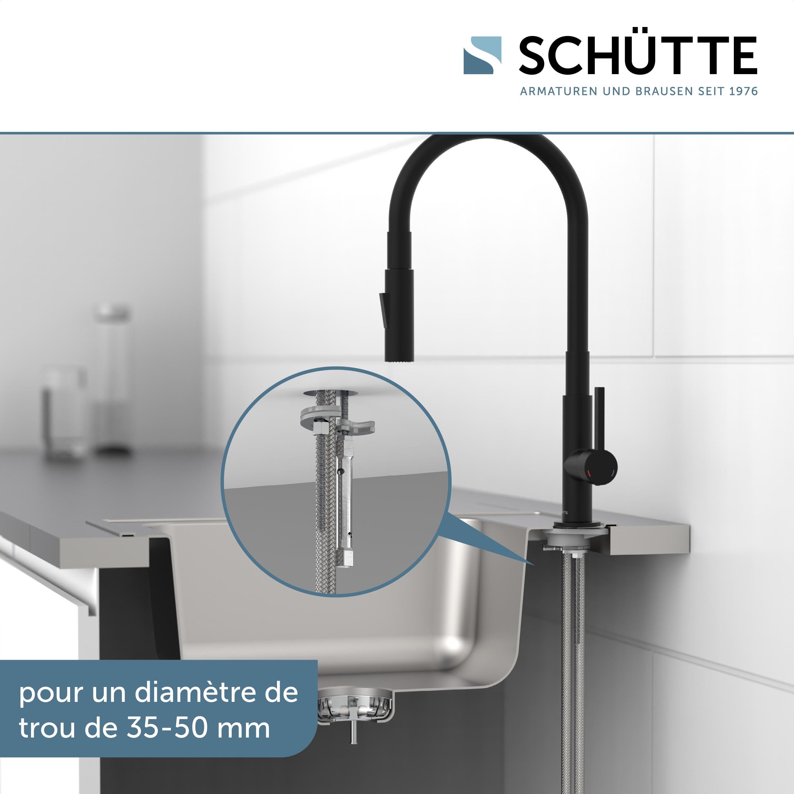 Schütte Glasgow Robinet de Cuisine Flexible - Eco-Click, Pivotant 360° | Robinet mitigeur cuisine noir, tuyau robinet doux au toucher, démarrage à froid économe, kit de montage inclus