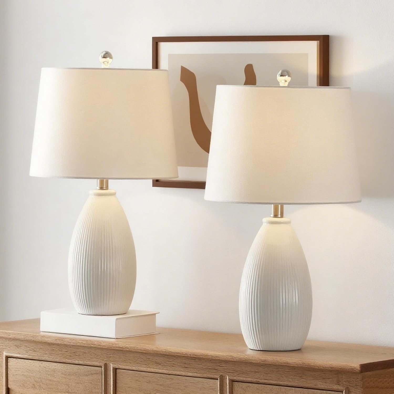 Maxax 22" Ceramic Table Lamps Set of 2, 3 Way Dimmable White Ceramic Bedside Nightstand Lamps with White Shade for Bedroom, Living Room, Office