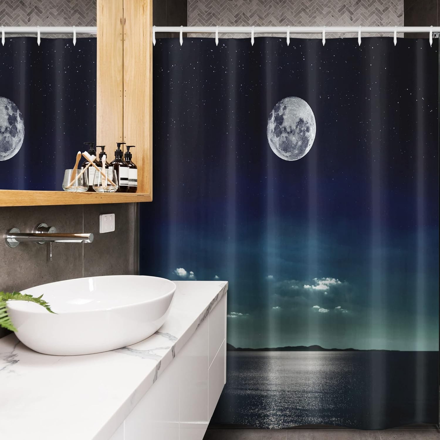 Ambesonne Ocean Stall Shower Curtain, Full Moon Reflected in The Sea Moon Rays Surface Starry Sky Night Scenic View Print, Fabric Bathroom Decor Set with Hooks, 54" W x 78" L, Black Navy
