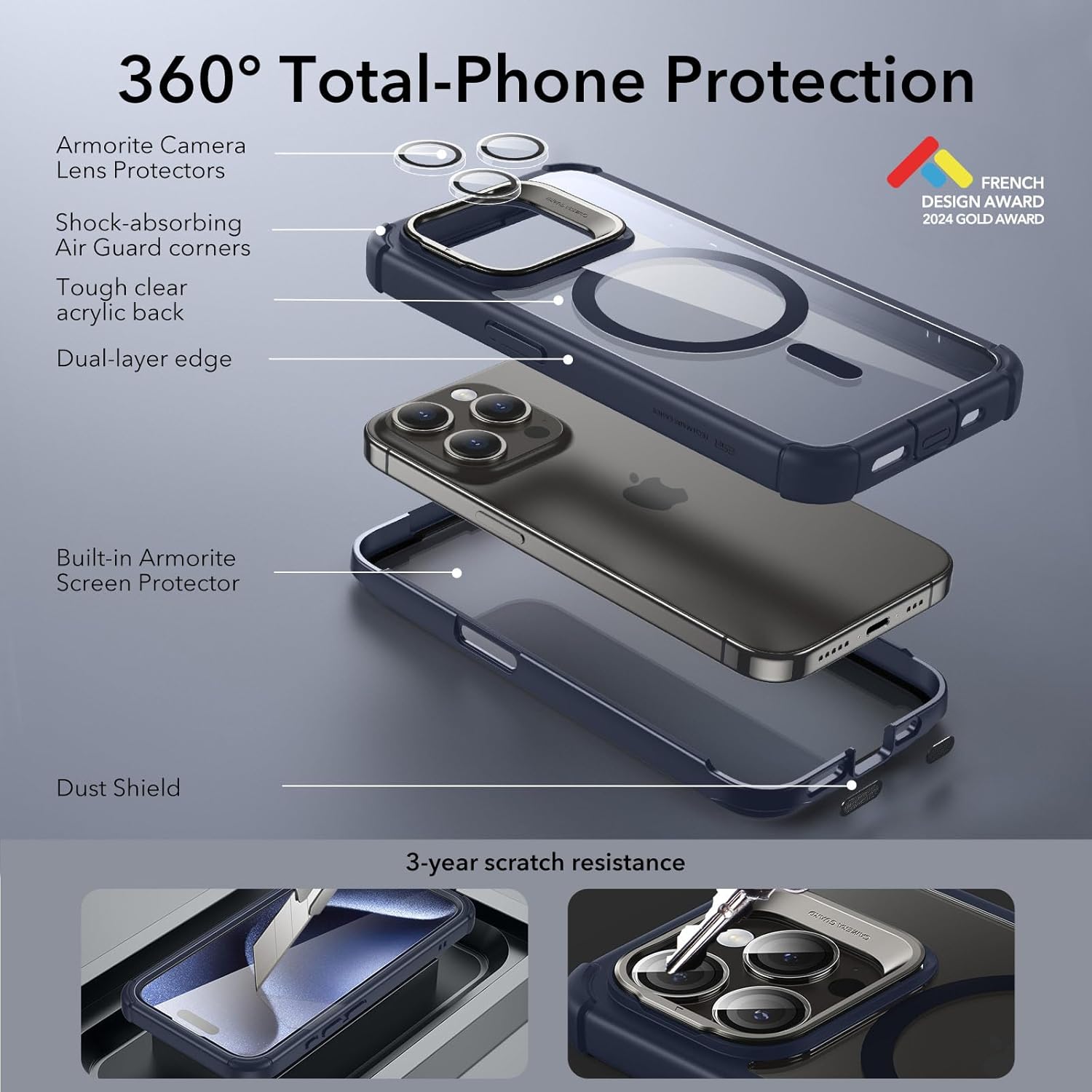 ESR for iPhone 15 Pro Max Case with Stand, Compatible with MagSafe, Full-Body Military-Grade Drop Proof Case with Built-in 9H+ Tempered Glass Screen Protector, Armor Series, Clear Dark Blue