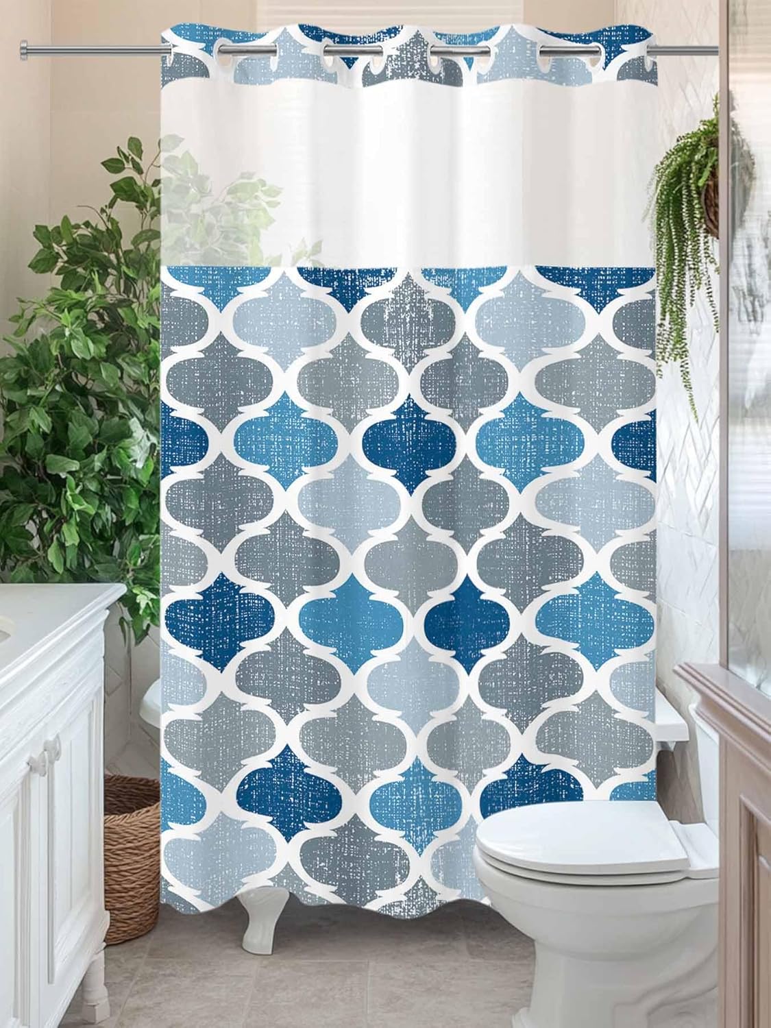 Blue Grey No Hook Shower Curtain and Liner Set Geometric Morocco Quatrefoil Lattice Snap in Shower Curtains Waterproof Bath Curtain with See Through Top Window Hotel Liner Set 36" x 78"
