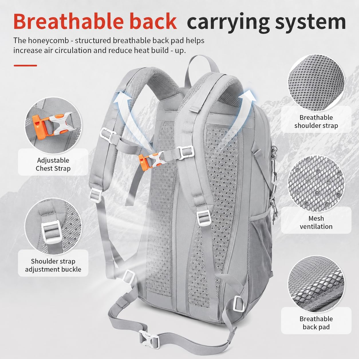 Internal Frame Hiking Backpack for Women Men with Rain Cover (Gray, 35L) image 2