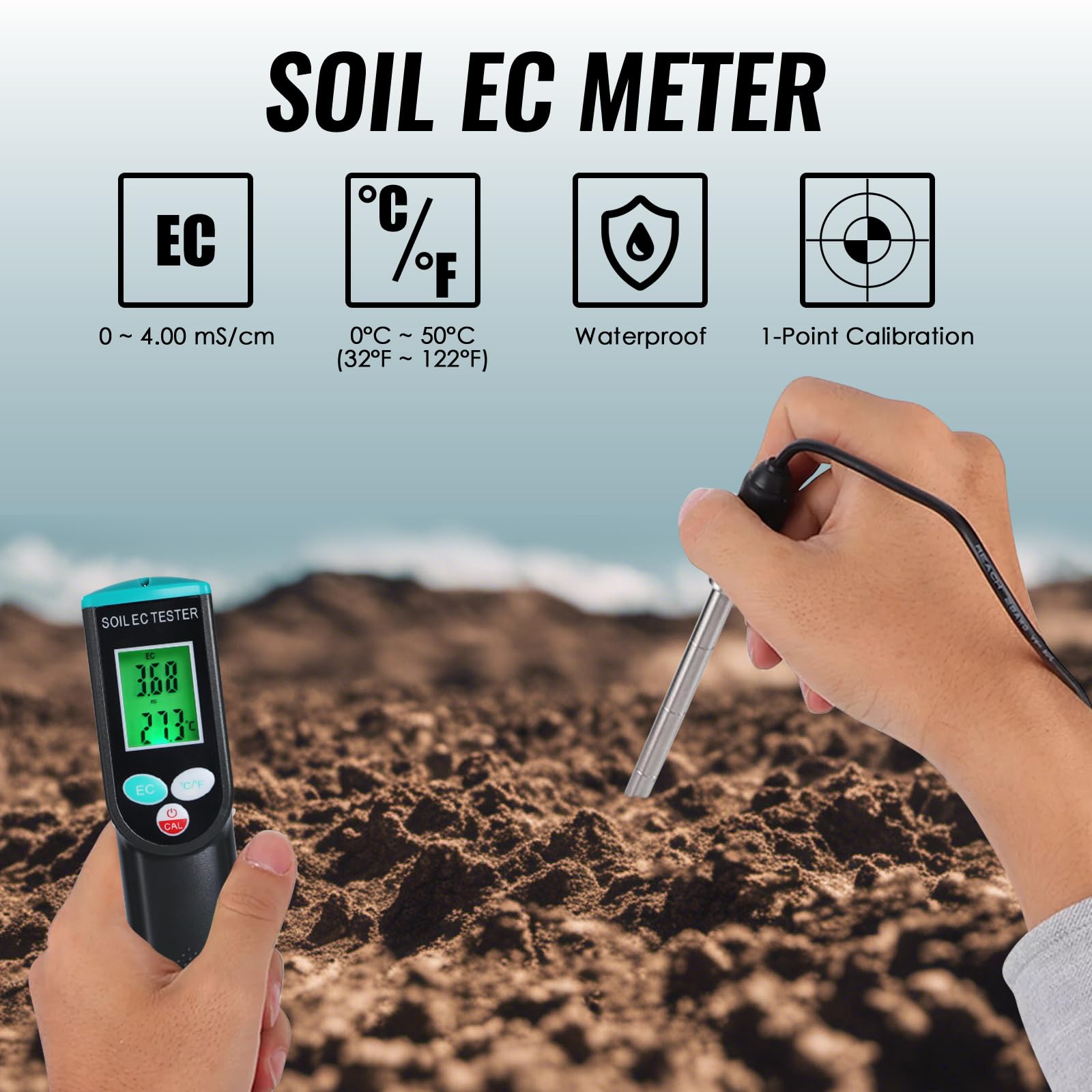TEKCOPLUS Digitales Bodenmessgerät mit Corde-Sensor, 2-in-1 Boden-EC- & Temperaturmessgerät Tester mit ATC-Funktion, einfache Kalibrierung, hintergrundbeleuchtetes LCD-tragbares EC-Messgerät für