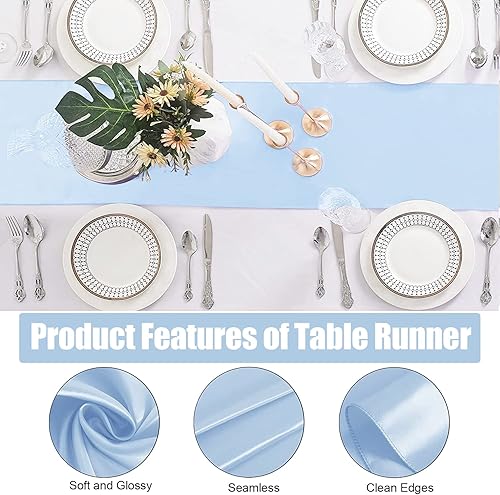 Miniatura 3 de Paquete de 24 manteles de plástico desechables y camino de mesa de satén, mantel blanco y azul, camino de mesa de satén para boda, cumpleaños, baby