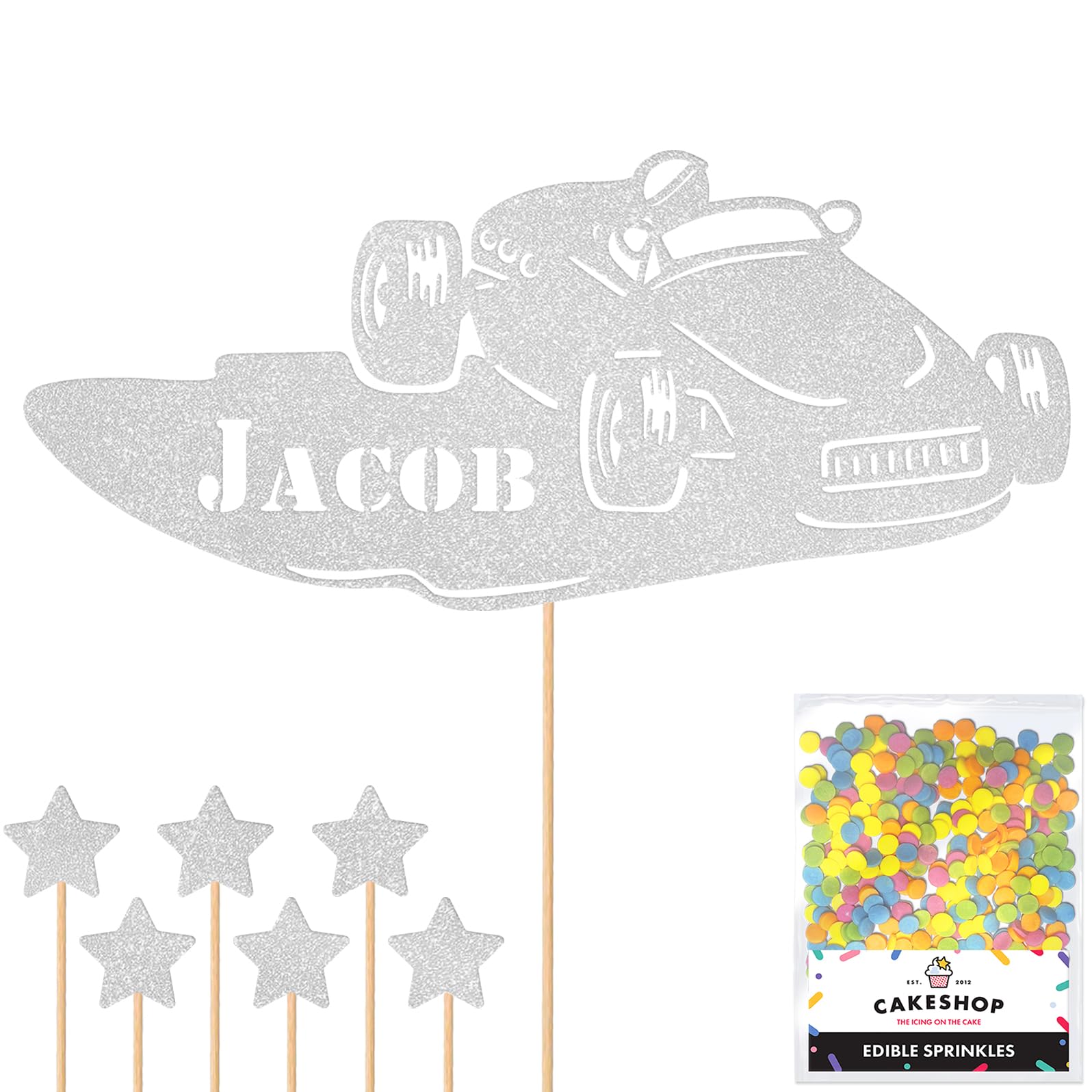 Personalised Classic Vintage Car Glitter Topper - Light Silver Custom Name Glitter Cake Decoration and Sprinkles - Happy Birthday Decorations - Personalised Toppers for Cakes by Cakeshop