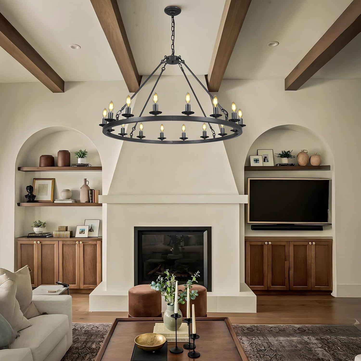40" Black Wagon Wheel Chandeliers, Farmhouse Round Chandeliers for Dining Room, 16-Light Modern Living Room Chandeliers Ceiling Fixtures for Bedroom, Foyer, Entryway, Staircase, Kitchen