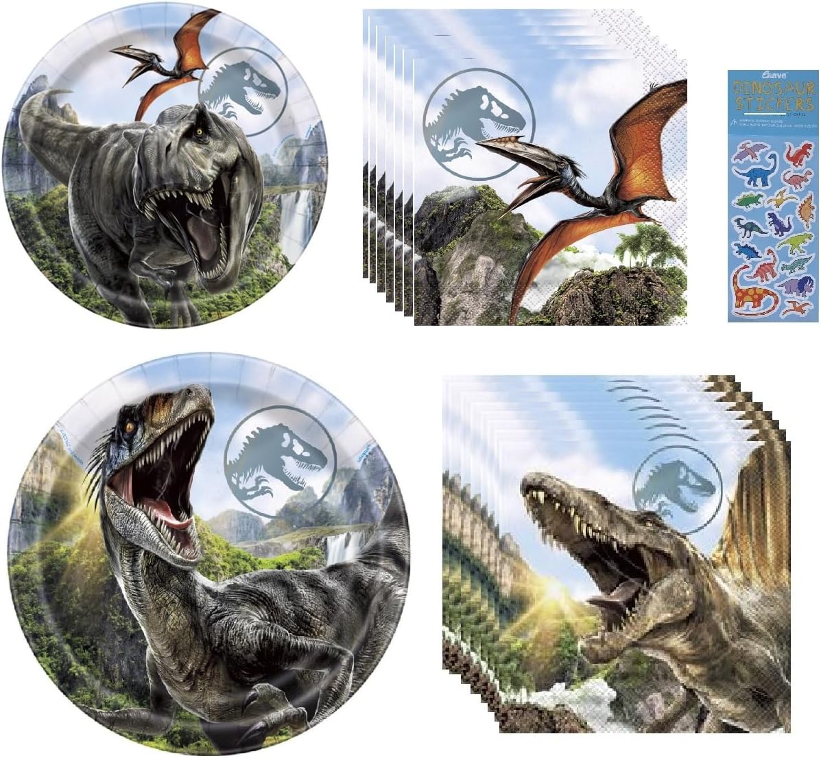 Unique Jurassic World Dominion Birthday Party Supplies Bundle Pack includes 8 Paper Plates 7", 8 Plates 9", 16 Napkins 5", 16 Napkins 6.5", 1 Dinosaur Sticker Sheet