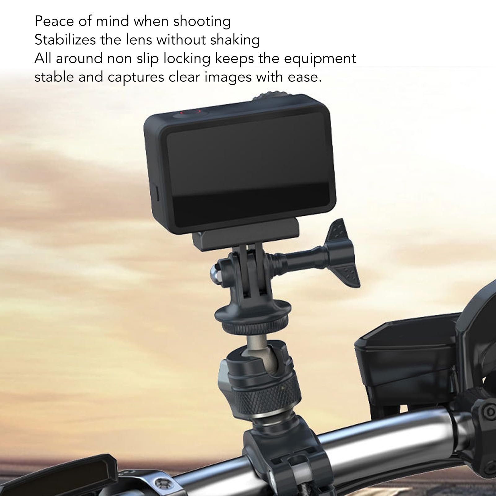 Abrazadera de Montaje para Cámara de Motocicleta, Rotación de 360°, Antivibración con Adaptador de 1/4 de Pulgada, Lente Estabilizadora, Arandelas Extraíbles, Bloqueo de Tornillo