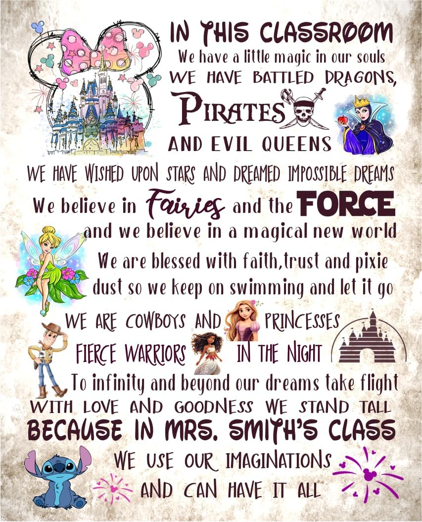 In This Classroom, Teacher School Gift, Disney Themed Wall Decor, Favorite Characters Pirates, Fairies, The Force, PERSONALIZED Canvas, Desk