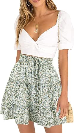 DooMoni Women's High Waisted Floral Ruffle Mini Skirt