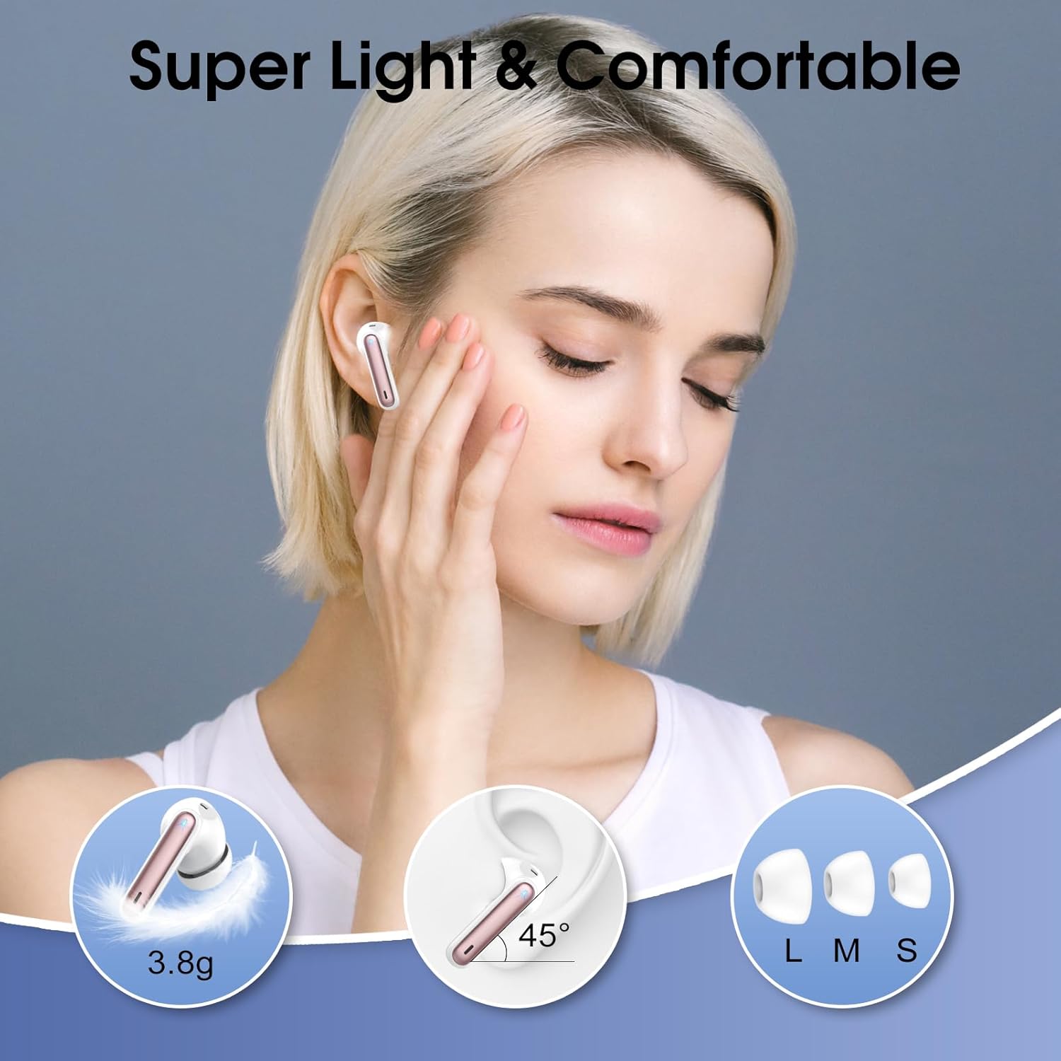 Wireless Earbud, Bluetooth 5.3 Headphones Deep Bass with 4 HD Mics, Wireless Headphones in Ear 40H Playtime, Bluetooth Earphones with Light Weight, IP7 Waterproof Ear Buds for Android IOS, Rose