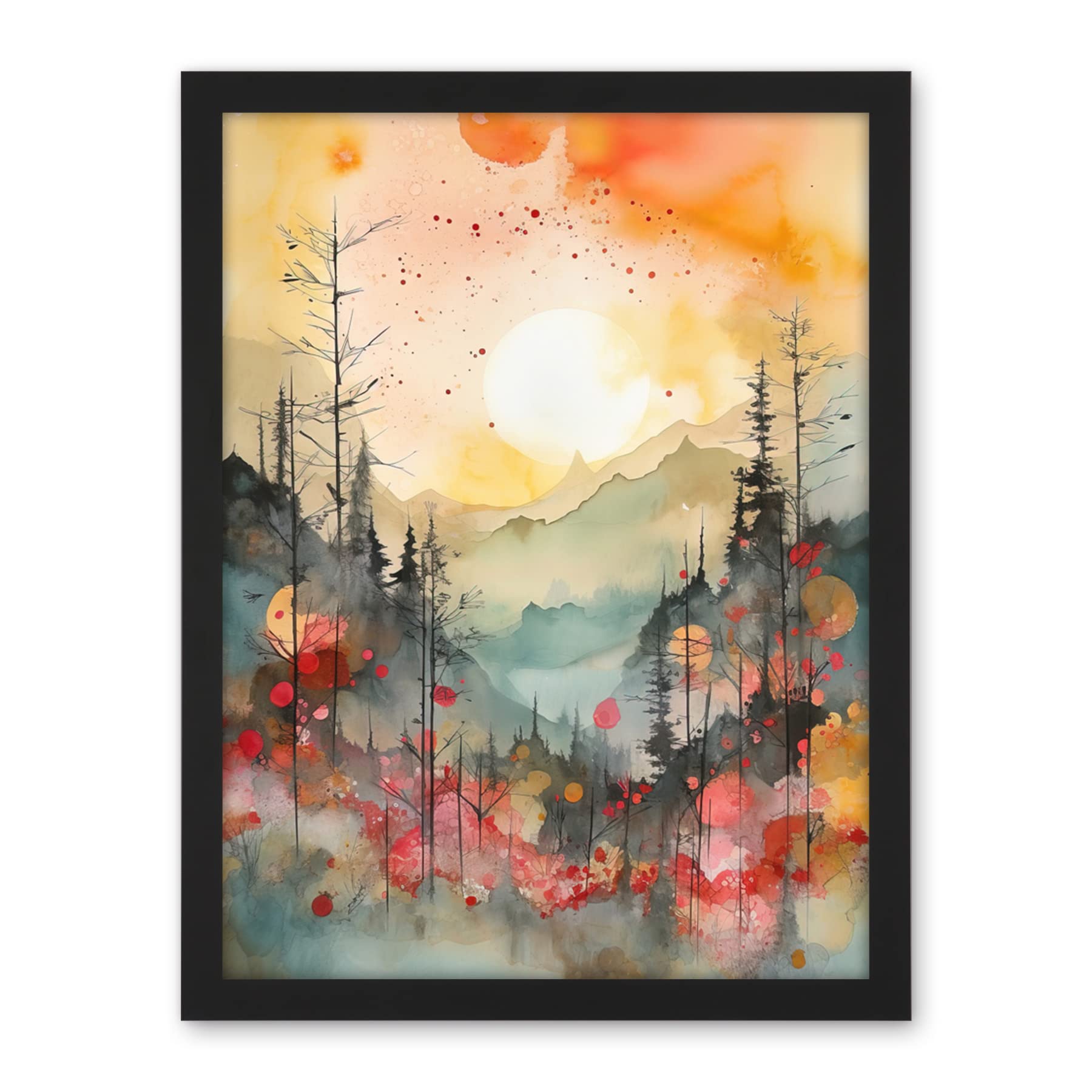 Artery8 Sunrise Over Misty Mountain Forest Landscape Modern Watercolour Painting Artwork Framed Wall Art Print 18X24 Inch