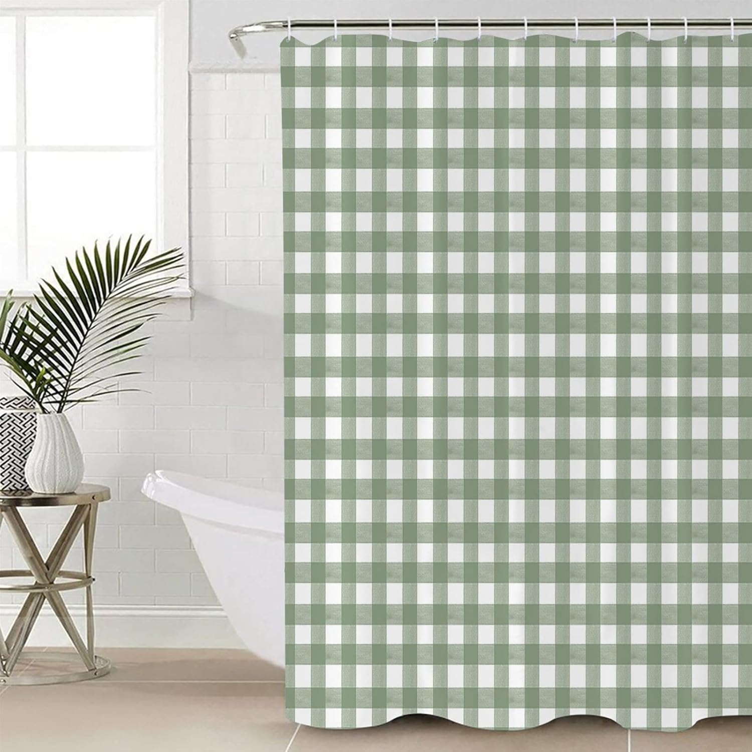 QueenKer Shower Curtain Sage Green Buffalo Plaid Waterproof Fabric Shower Curtain Set with 12 Hooks, Bathroom Curtains for Farmhouse Home Hotel Holiday Decor, 72" W x 84" L