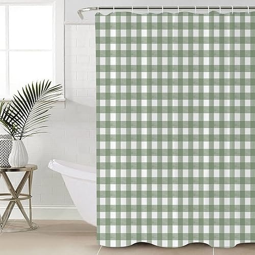 Juego de cortinas de ducha a cuadros color verde salvia, 72 x 84 pulgadas, lavable con 12 ganchos, cortinas de ducha impermeables a cuadros verdes y