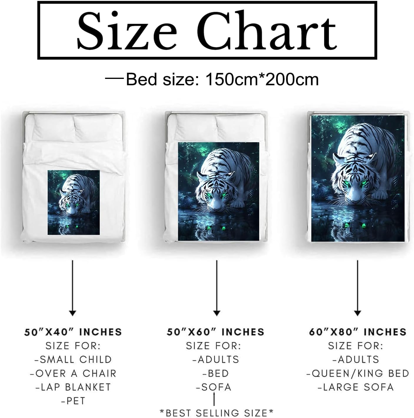 Powerful White Tiger Blanket Soft Cozy Flannel Throw Blanket, Warm Yet Lightweight Mystic Tigers Blankets for Travel, Couch, Bed, for Adults Women Men, Fuzzy Outdoor Comfort Wrap 60"×50"