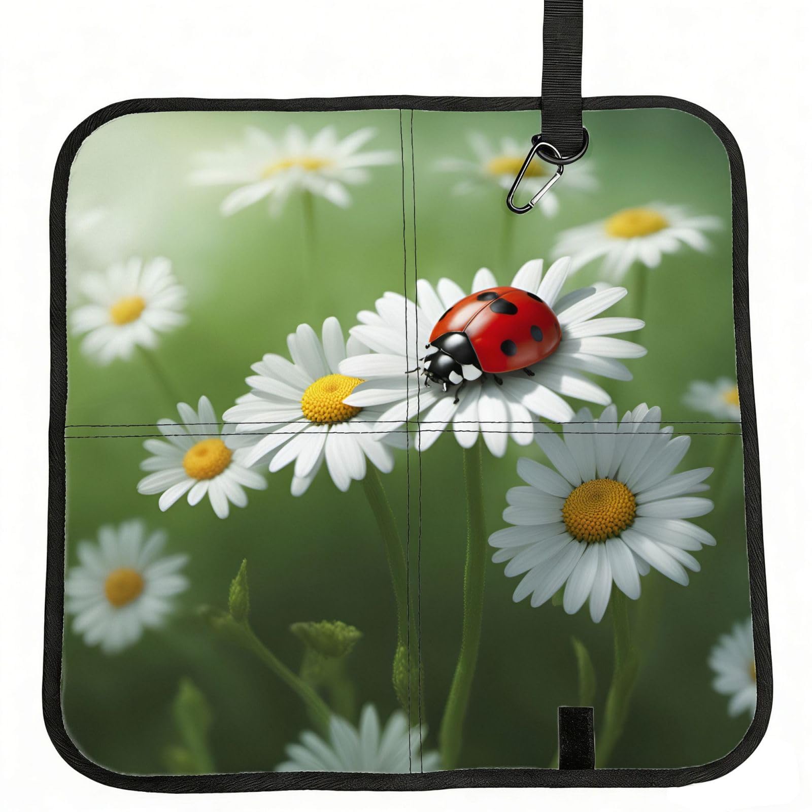 DIEzig Ladybug on Daisy Flower Printed Compact Foldable Sitting Pad Oxford Base, Portable Cushion for Fishing Sports Events