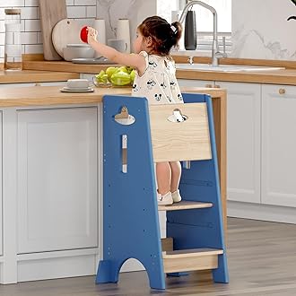 COSYLAND Toddler Standing Tower Adjustable Height - Super Stable Kids Kitchen Stool Helper with Protive Panel - 3 Levels Adjustable Wooden Toddler Kitchen Stool (Natural & Navy Blue)