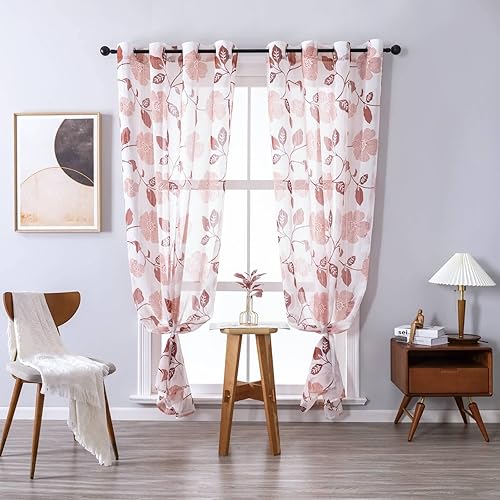 Miniatura 2 de 63 cortinas transparentes, 2 paneles, cortina de gasa semitransparente con patrón de ramas de hojas de flores, rojo, 34 pulgadas de ancho x 63